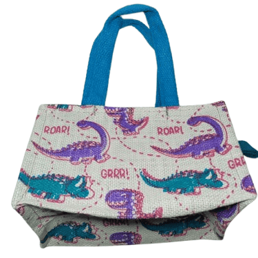 Dinosaur Jute Bag with Blue Handles