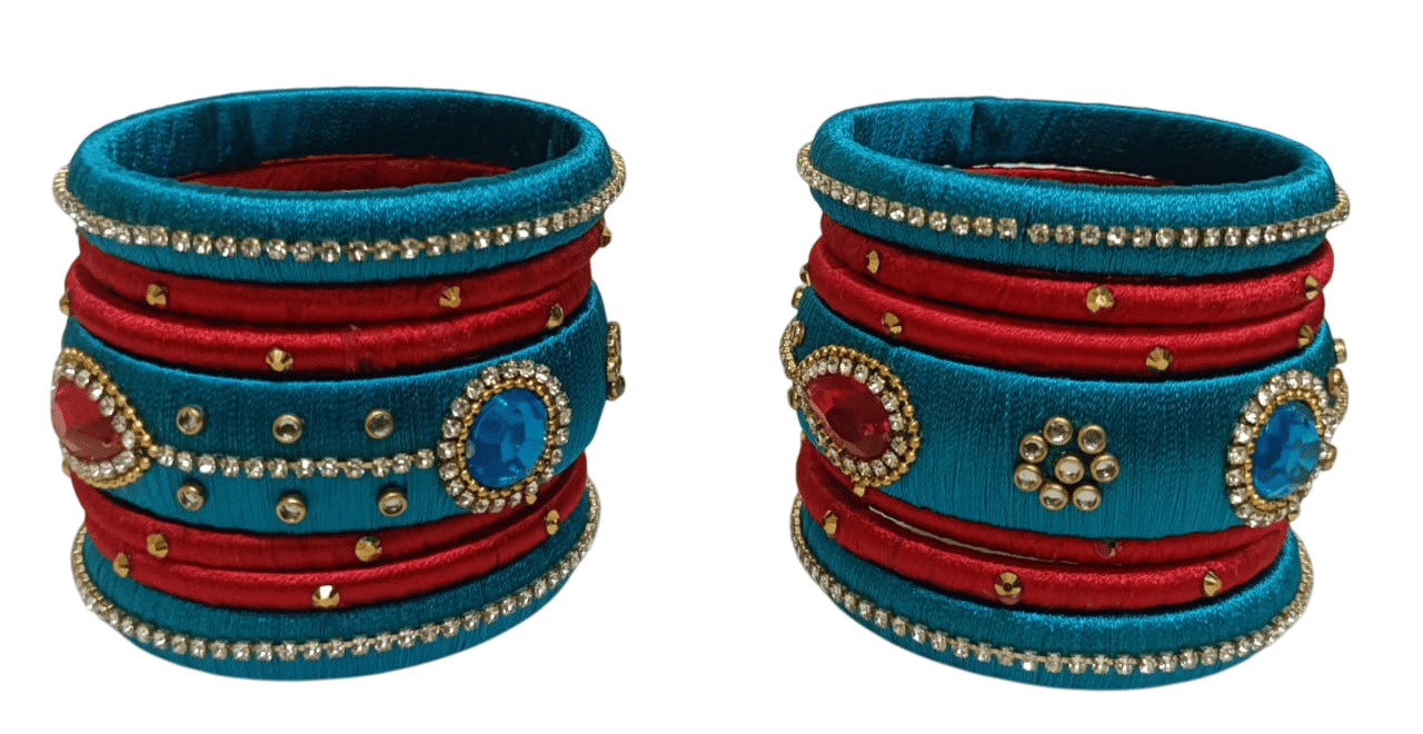 Red and Blue Silk Thread Bangle Set with Stone and Pearl Embellishment