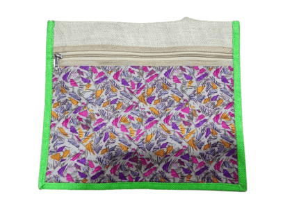 Stylish and Trendy Jute Bag with Colorful Geometric Print and Green Border