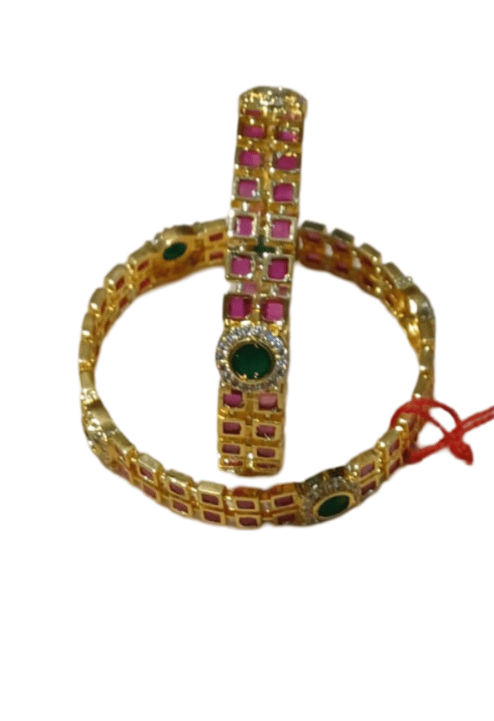 Gold Plated Pink and Green Bangle Set with Cubic Zirconia Stones