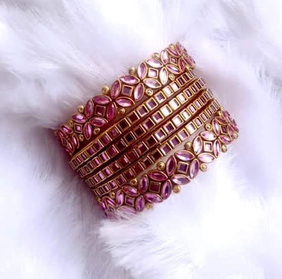 Exquisite Pink Bangle Set with Gold Plating and Stone Detailing