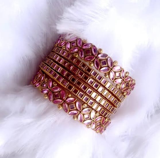 Exquisite Pink Bangle Set with Gold Plating and Stone Detailing