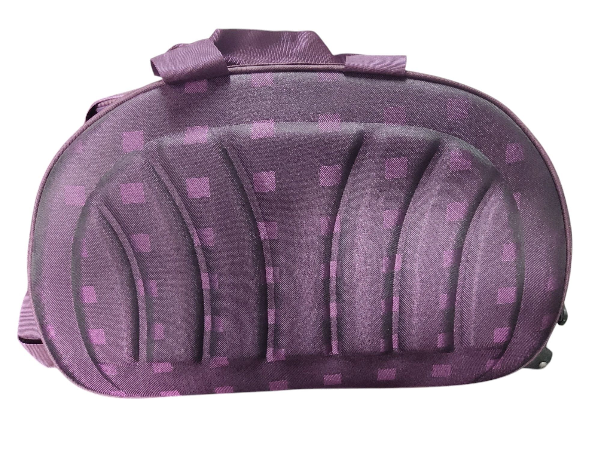 Purple Checked Duffel Bag Description.This purple checked duffel bag is the perfect size for a weekend getaway or a trip to the gym.