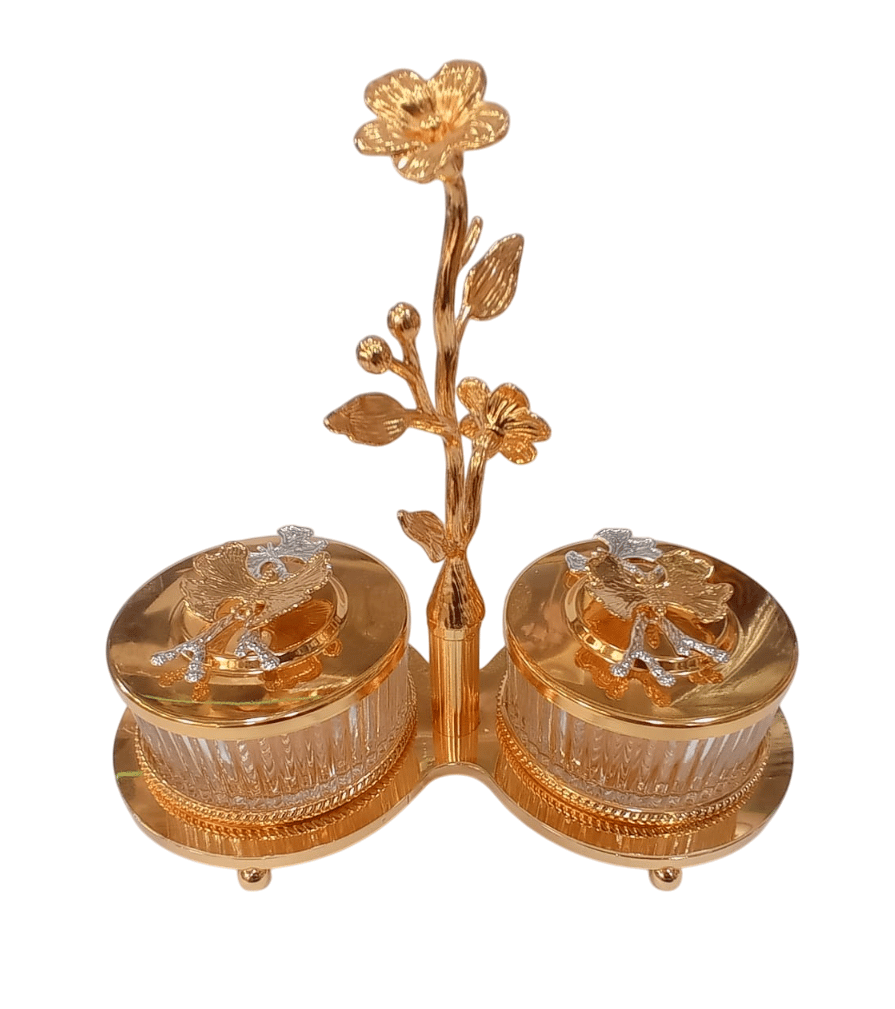 Gold-Plated Crystal Flower-Shaped Spice Box with 2 Containers