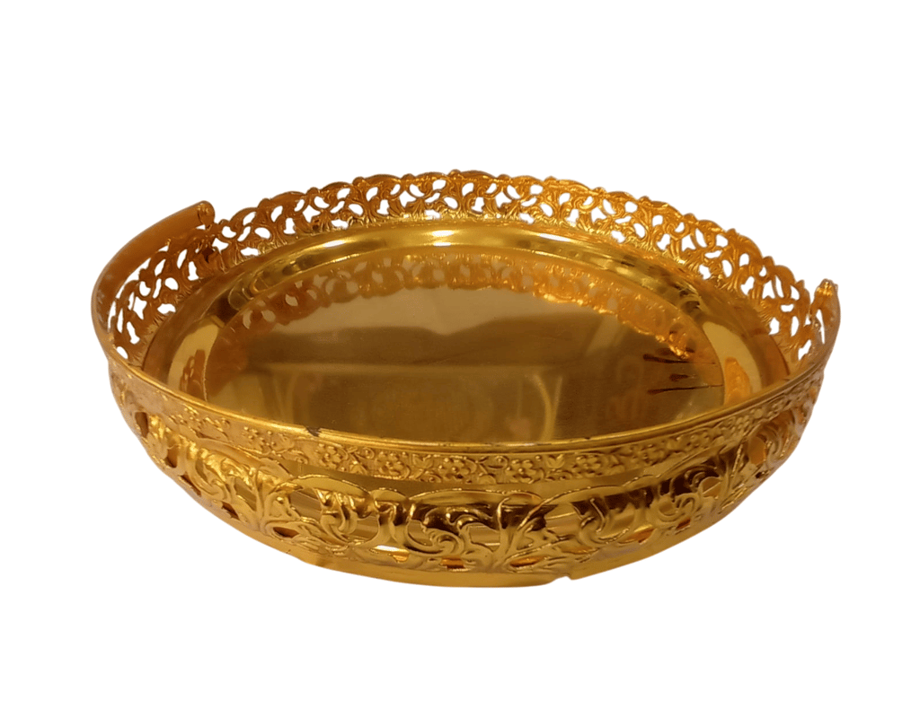 Gold-Plated Brass Pooja Thali with intricate carvings - Pooja Needs | Buy online on ZillyBuy