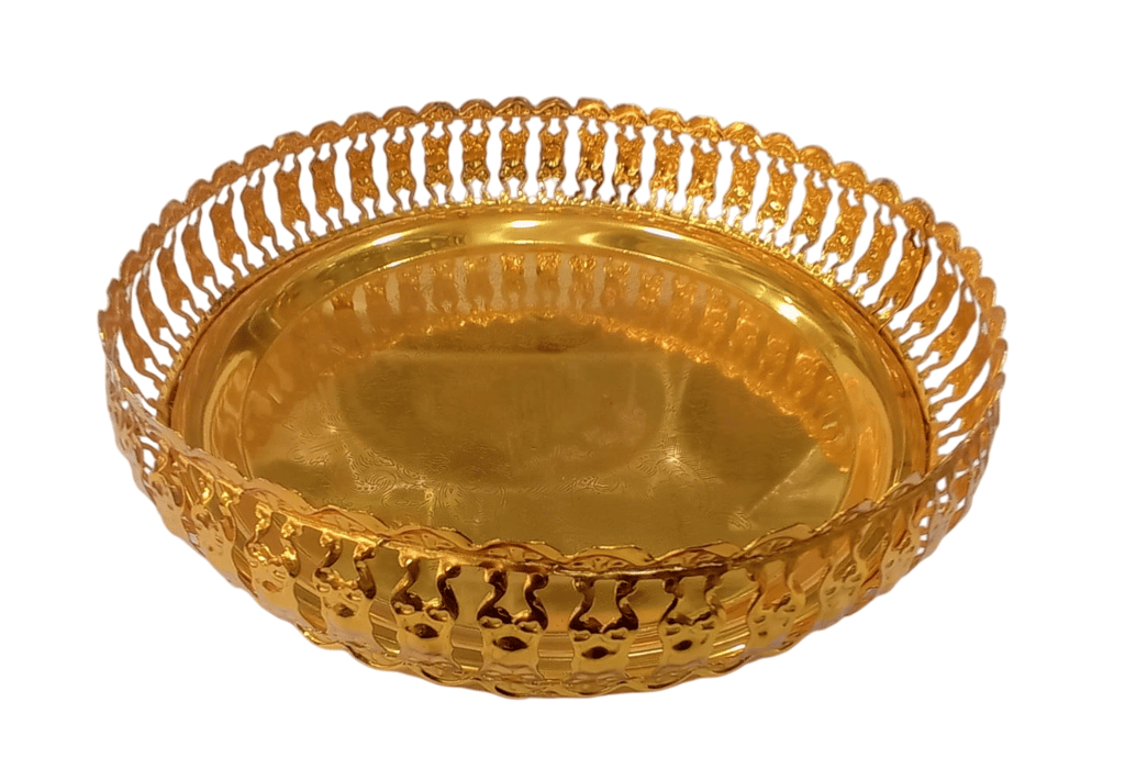 Gold-Plated Brass Pooja Thali with intricate carvings-1 - Pooja Needs | Buy online on ZillyBuy