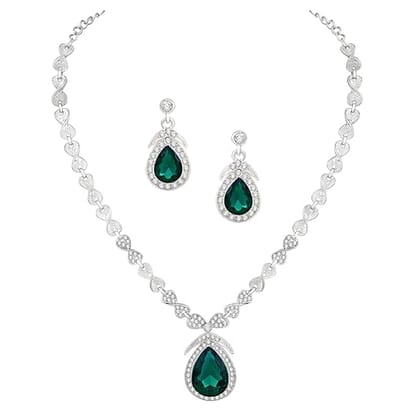 **Stunning Silver Teardrop Necklace and Earrings Set with Green Crystals**
