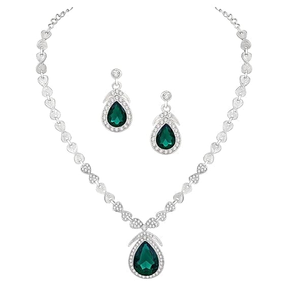**Stunning Silver Teardrop Necklace and Earrings Set with Green Crystals**