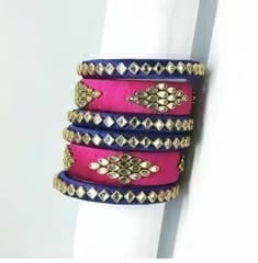 Pink and Blue Silk Thread Bangle Set with Kundan Stones