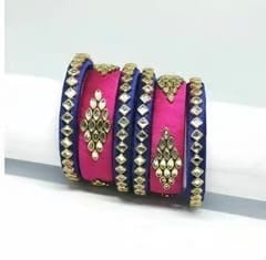 Pink and Blue Silk Thread Bangle Set with Kundan Stones