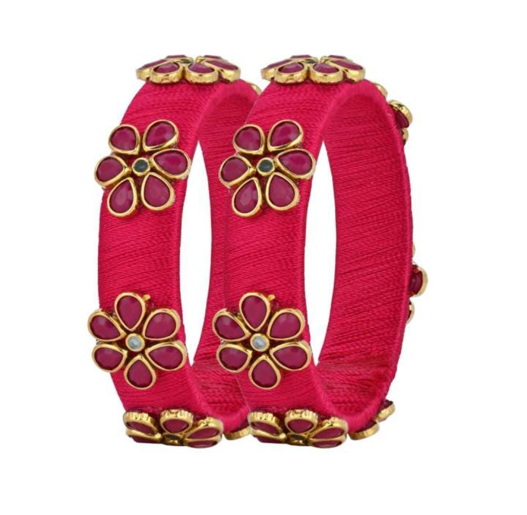 Pink Silk Thread Bangle Set with Kundan and Pearl Flower Design