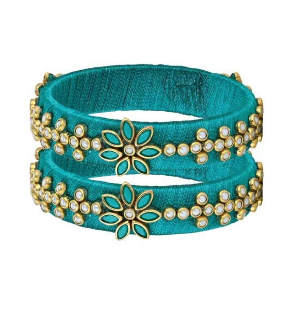 Green Silk Thread Bangle Set with Pearl and Kundan Flower Design