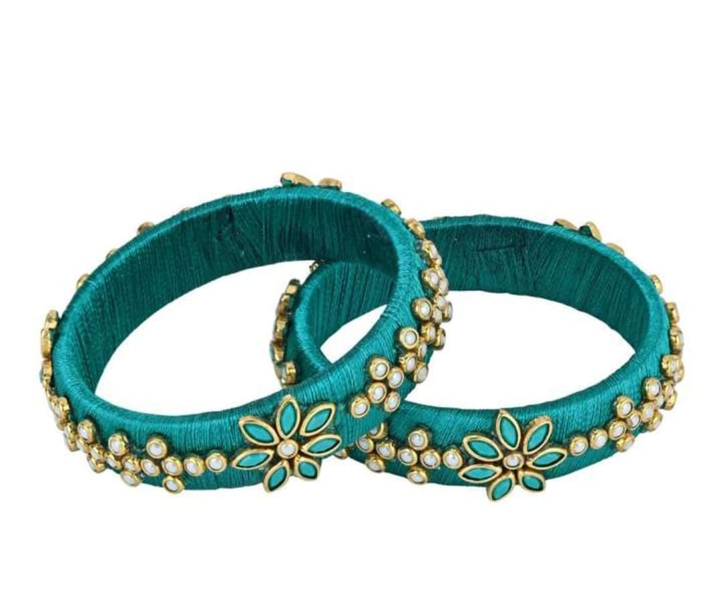 Green Silk Thread Bangle Set with Pearl and Kundan Flower Design