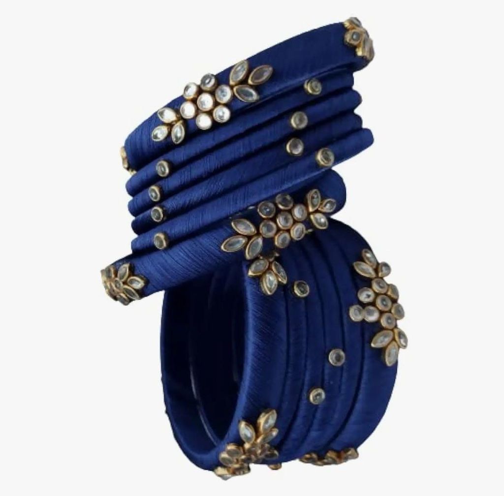 Blue Silk Thread Bangle Set with Stone Work - Set of 8