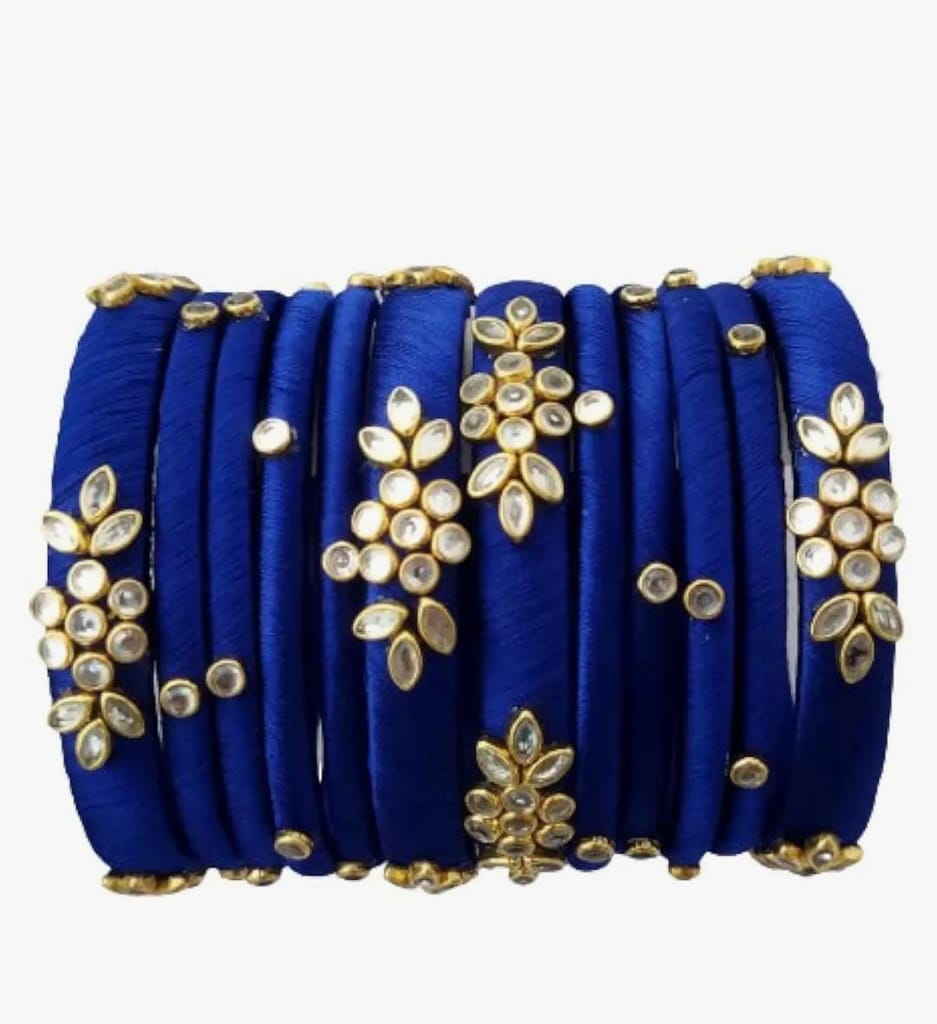 Blue Silk Thread Bangle Set with Stone Work - Set of 8