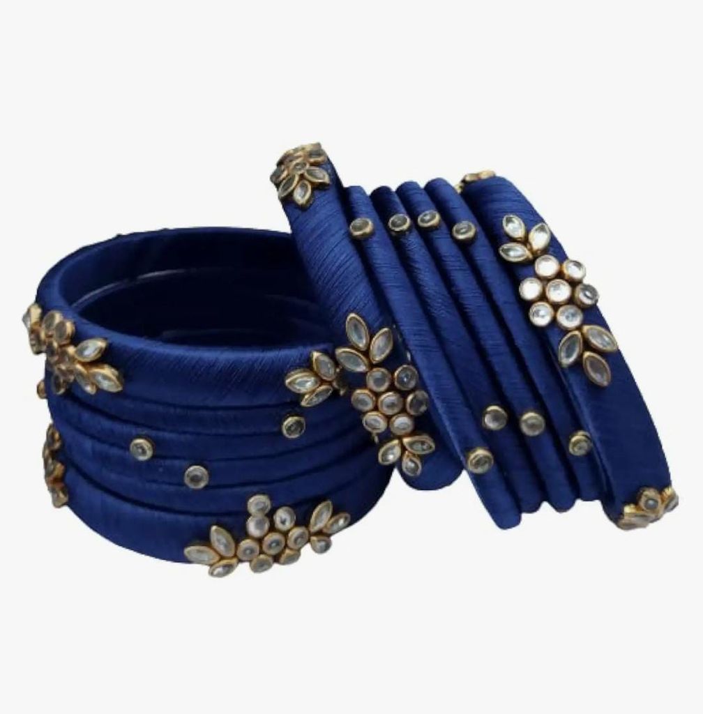 Blue Silk Thread Bangle Set with Stone Work - Set of 8