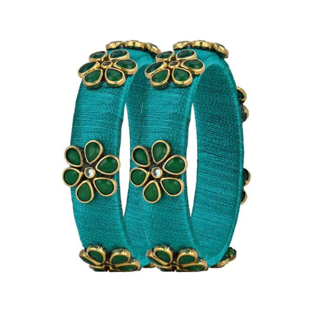 Green Silk Thread Bangle Set with Kundan and Pearl Flower Design