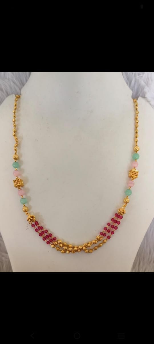 Gold Plated Traditional Indian Beaded Chain Necklace with Ruby and Mint Green Beads for Women"