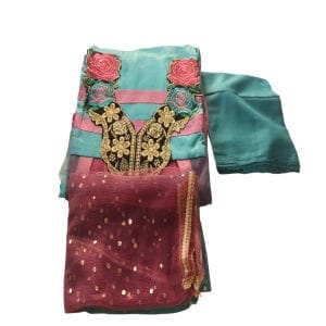 Buy Blue Pink Georgette Embroidered Work Kurti With Palazzo & Dupatta Set For Women