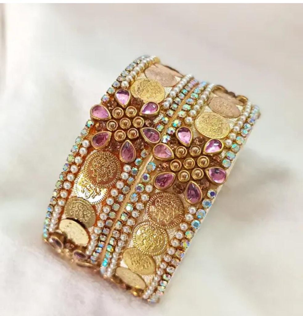 Pearl and Rhinestone Bangle Set with Pink Accents