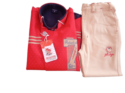 Boys' red and white striped shirt and tan pants set