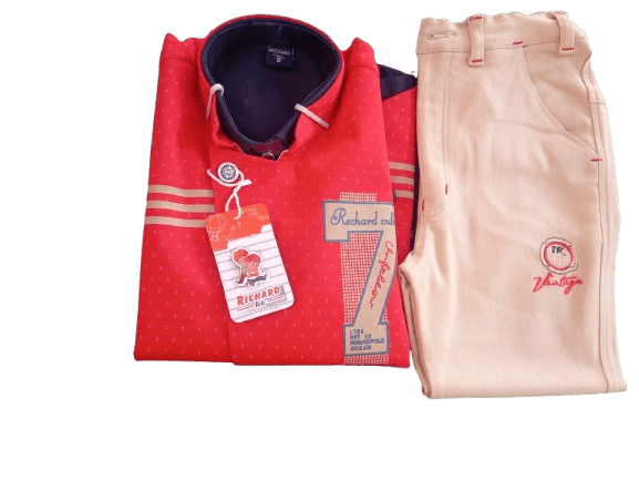 Boys' red and white striped shirt and tan pants set