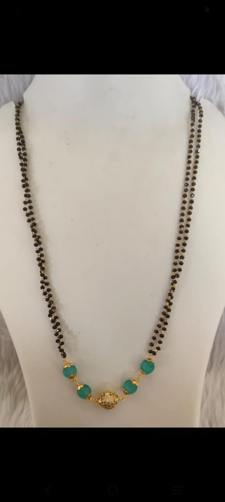 Gold Plated Mangalsutra with Black Beads and Green Stones for Women