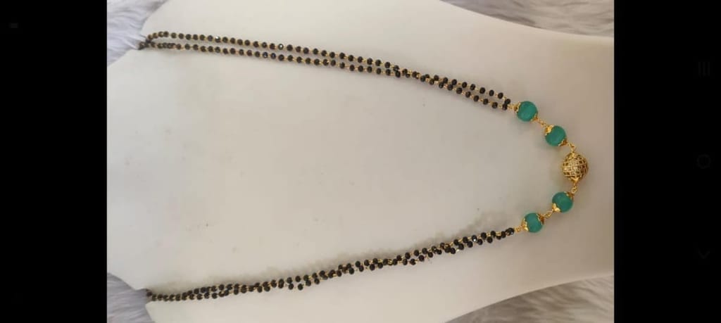 Gold Plated Mangalsutra with Black Beads and Green Stones for Women