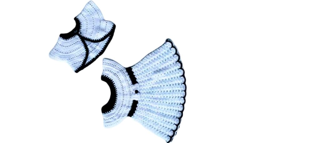 Baby Girl's Handknitted White and Black Dress and Bolero Set