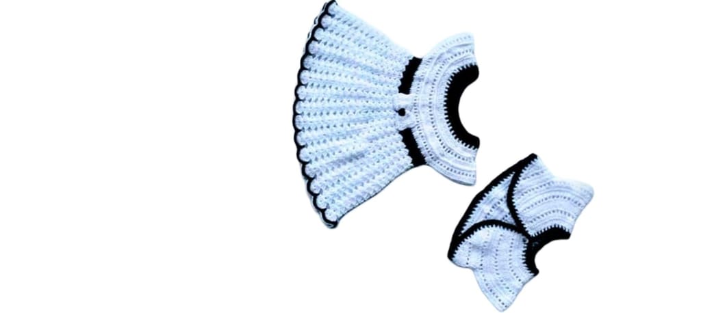 Baby Girl's Handknitted White and Black Dress and Bolero Set