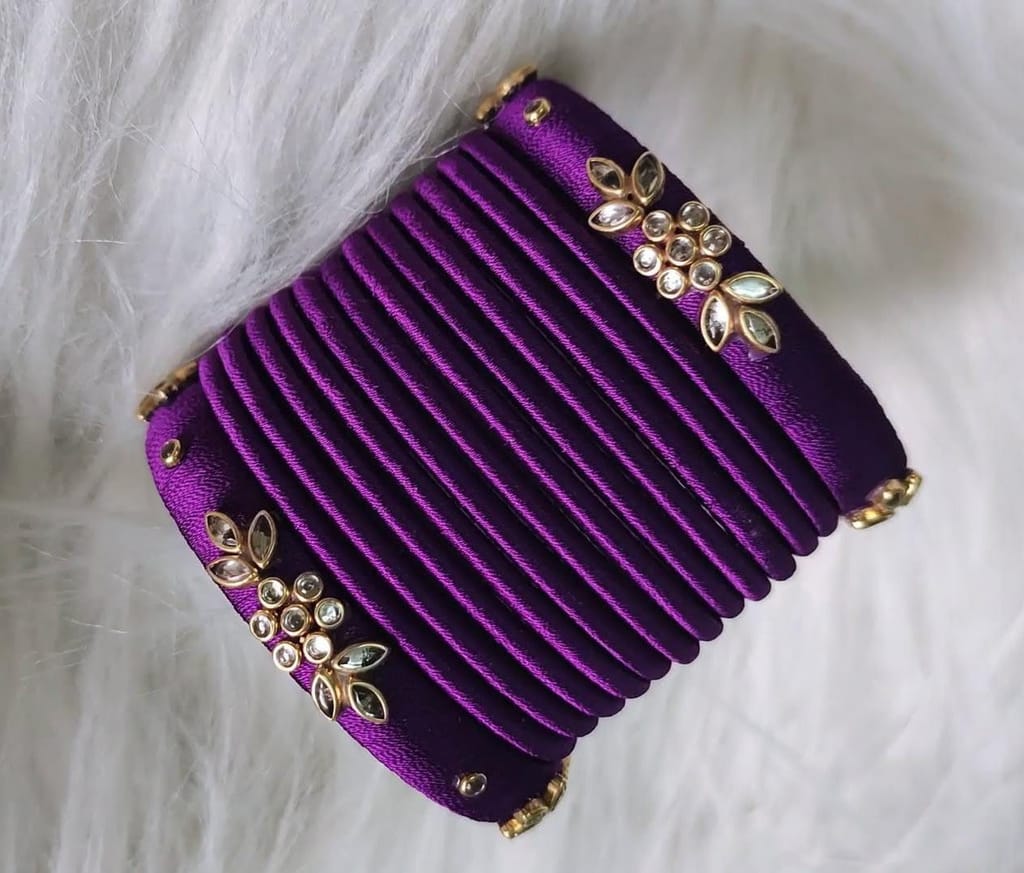 Purple Silk Thread Bangle Set with Stone Work - Set of 12