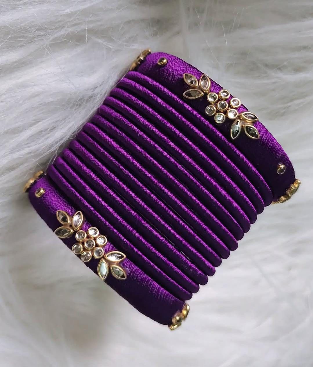 Purple Silk Thread Bangle Set with Stone Work - Set of 12