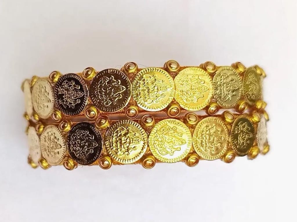 Silk thread bangles with antique gold coin design