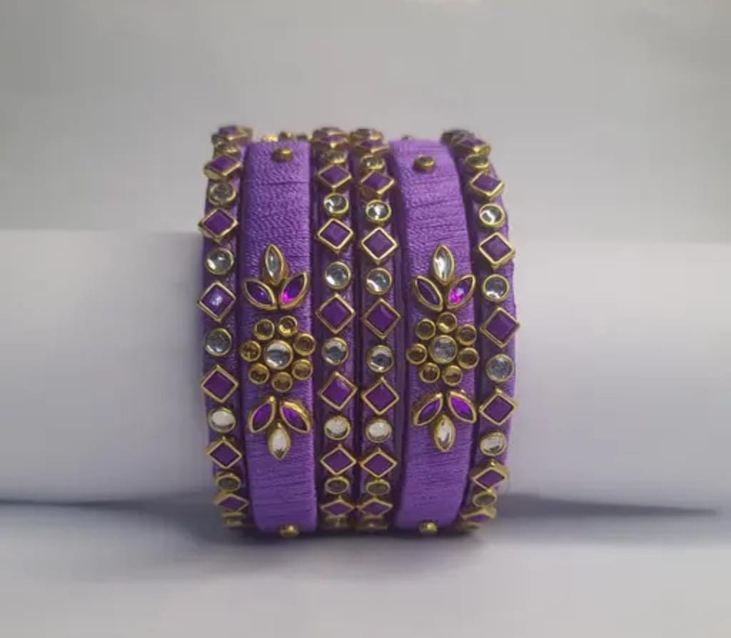 Exquisite Purple Silk Thread Bangle Set with Kundan Stones for Women
