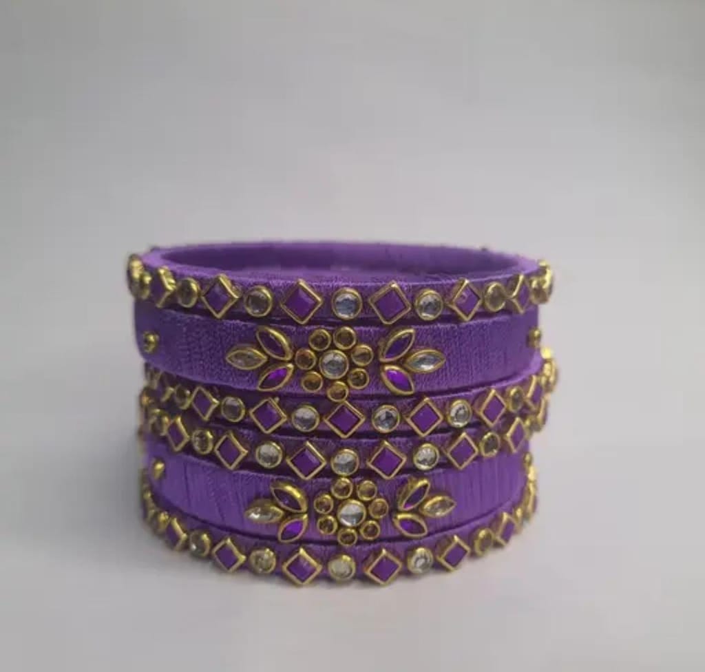 Exquisite Purple Silk Thread Bangle Set with Kundan Stones for Women