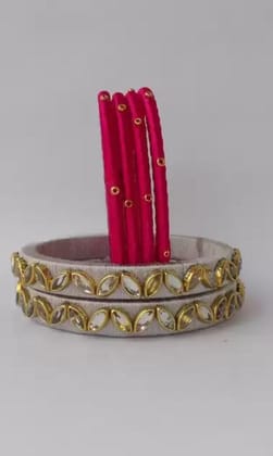 Pink and White Silk Thread Bangle Set with Stone and Pearl Embellishment Pink and White Silk Thread Bangle Set with Stone and Pearl Embellishment