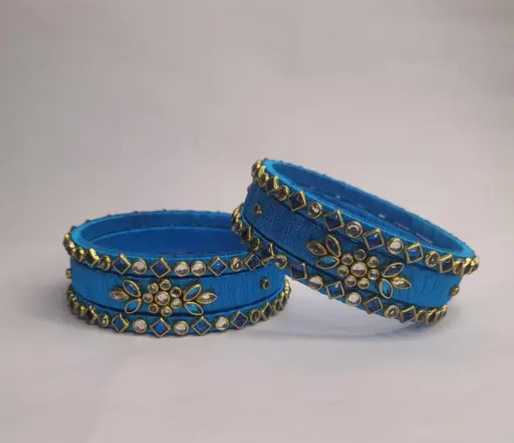 Blue Silk Thread Bangle Set with Stone and Pearl Embellishment