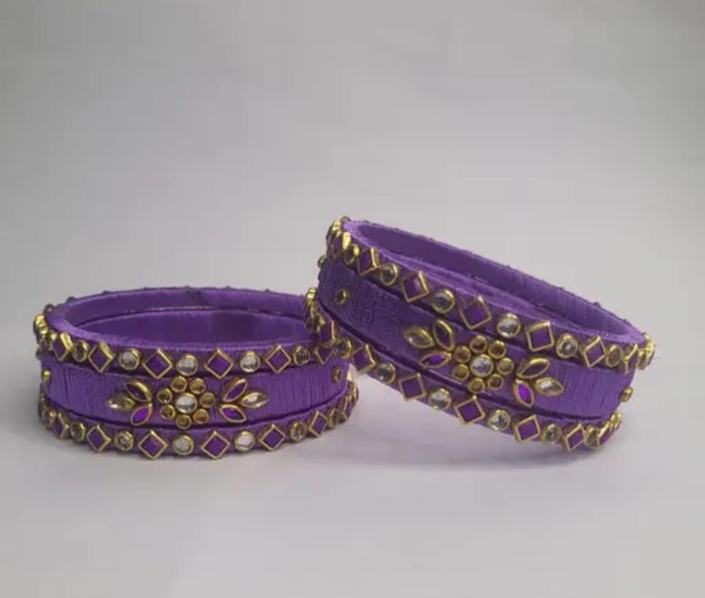 Exquisite Purple Silk Thread Bangle Set with Kundan Stones for Women