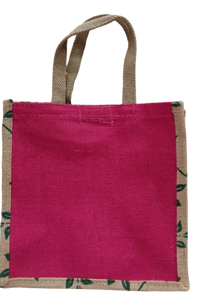 Small Burlap Gift Bag with Green Leaf Print