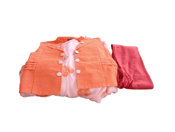 Girls Orange Floral Print Long Sleeves and Coat Button Down Vest With Leggings Set