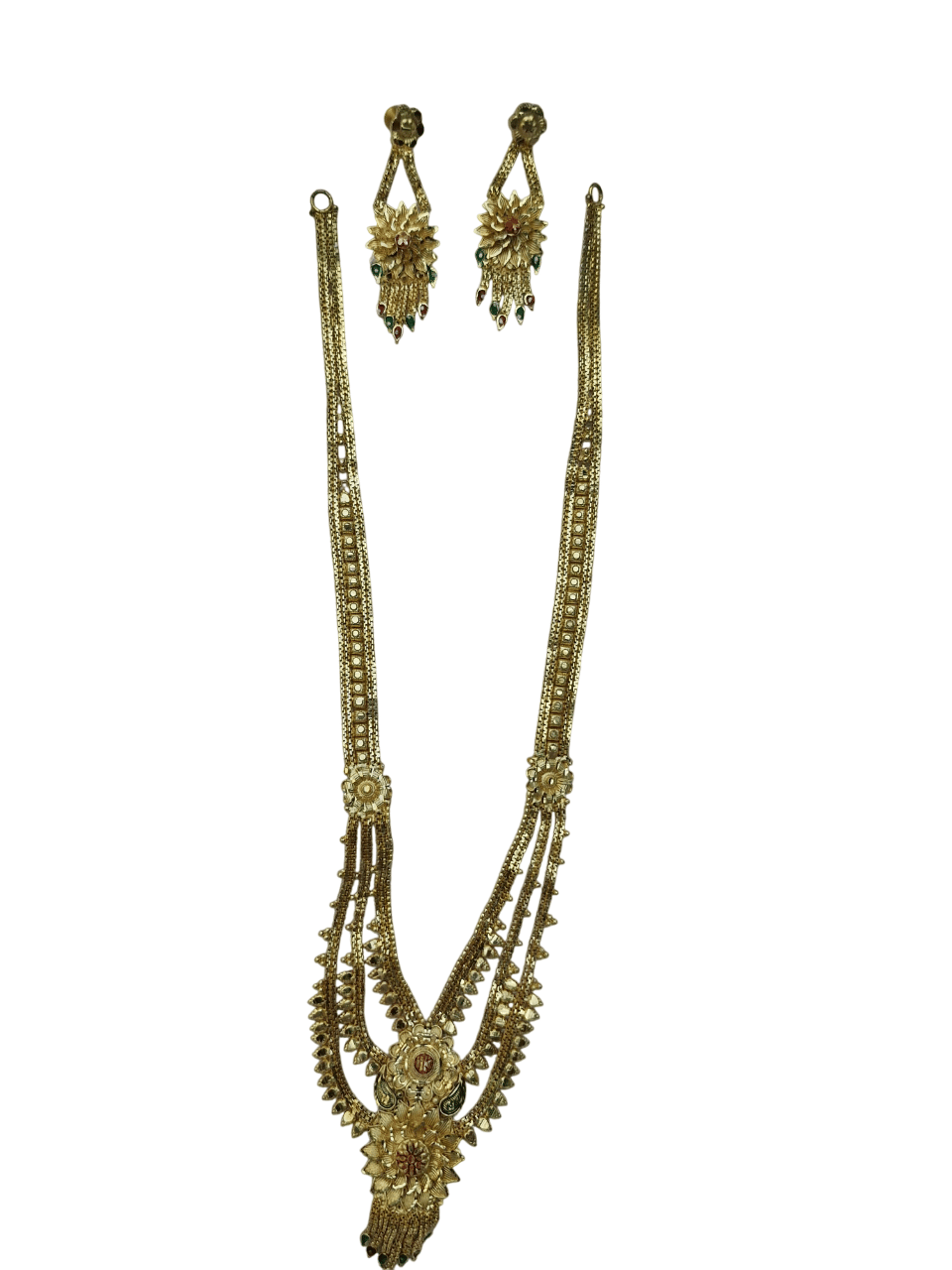 Gold Plated Traditional Long Necklace Set with Earrings for Women