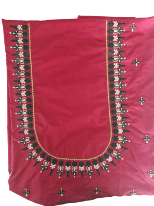 Red and green embroidered blouse piece with zari work