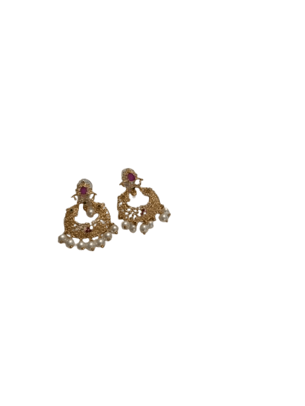 One Gram Gold Chandbali Earrings with Ruby and Pearl Drop for Women - Earrings | Buy online on ZillyBuy