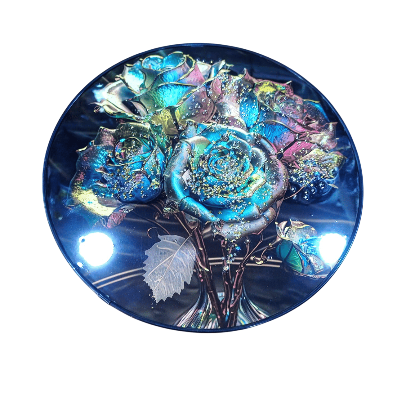 Blue and Green Rose Flower Epoxy Resin Round Trinket Dish
