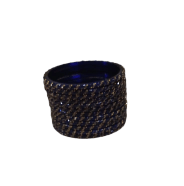 Set of 12 Blue Glass Bangles with Golden Rhinestone Design