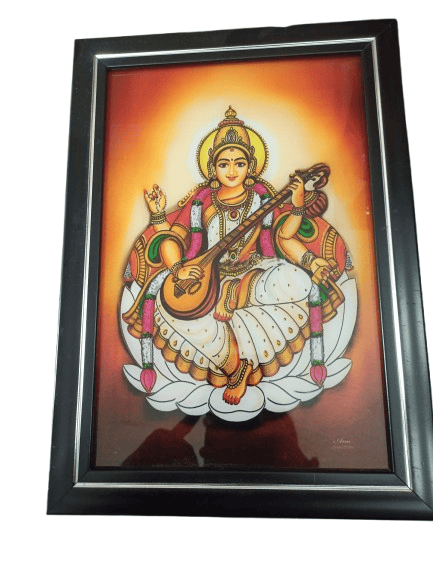 Hand-Painted Glass Painting of Goddess Saraswati Playing Veena - 12" x 16 - Pooja Needs | Buy online on ZillyBuy