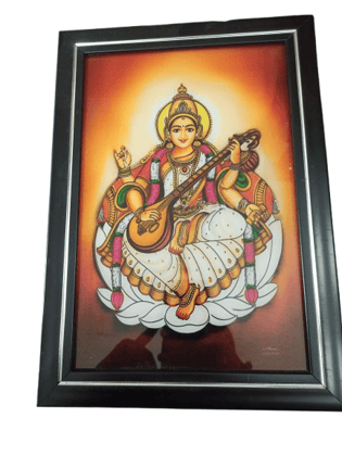 Hand-Painted Glass Painting of Goddess Saraswati Playing Veena - 12" x 16