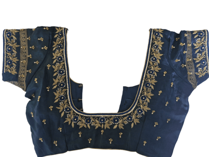 Blue Embroidered Boat Neck Blouse With Zari Work