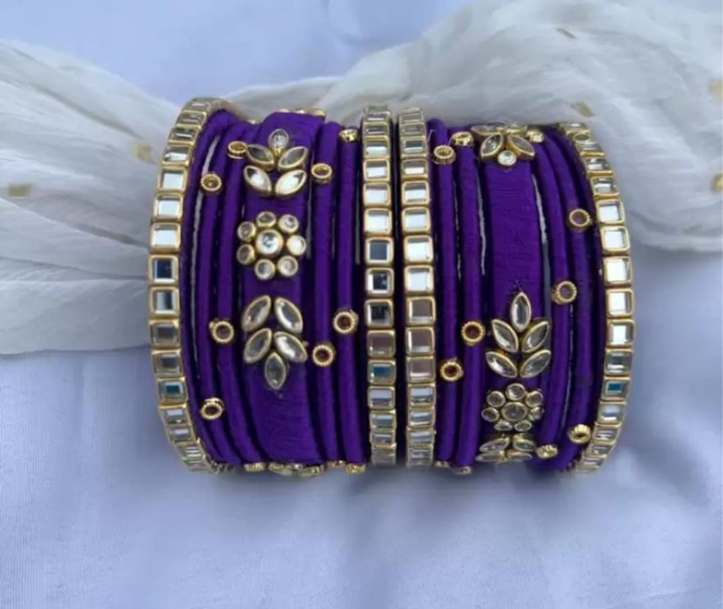 12 Purple Silk Thread Bangles with Kundan and Pearl