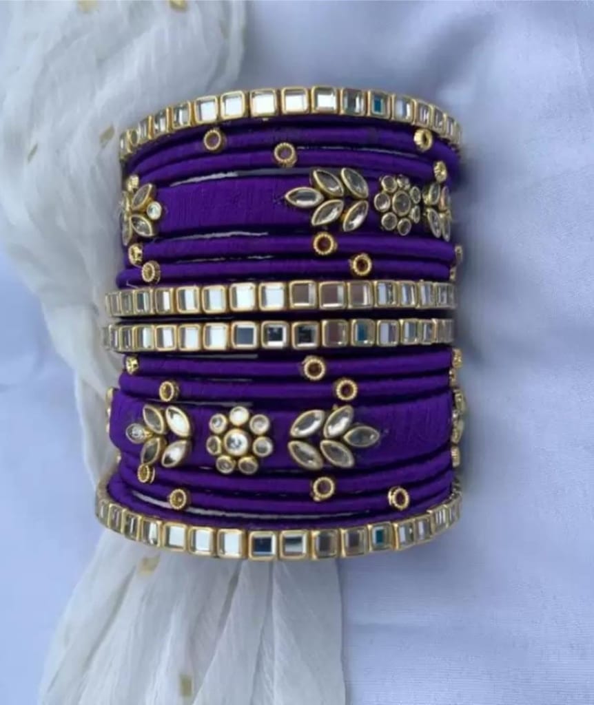 12 Purple Silk Thread Bangles with Kundan and Pearl
